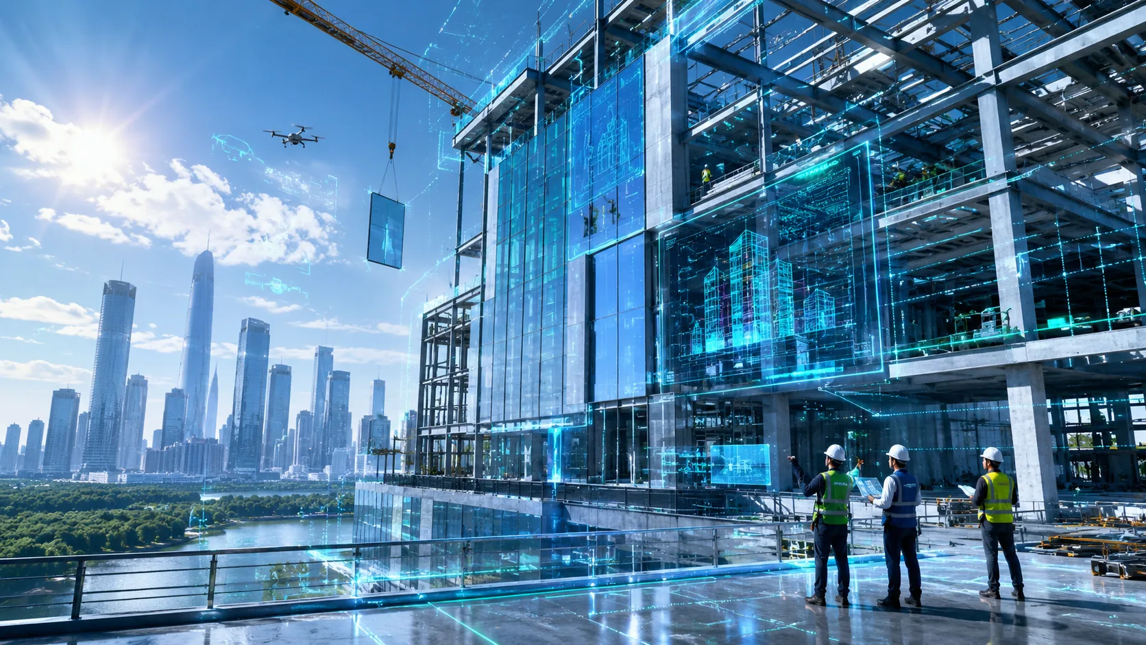 光进科技工程板块——城市地标建造现场,土建结构与幕墙立面施工